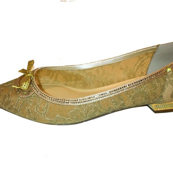 René Caovilla Gold Lace Crystal Embellished Pointed Toe Bow Flats - Picture 7 of 8